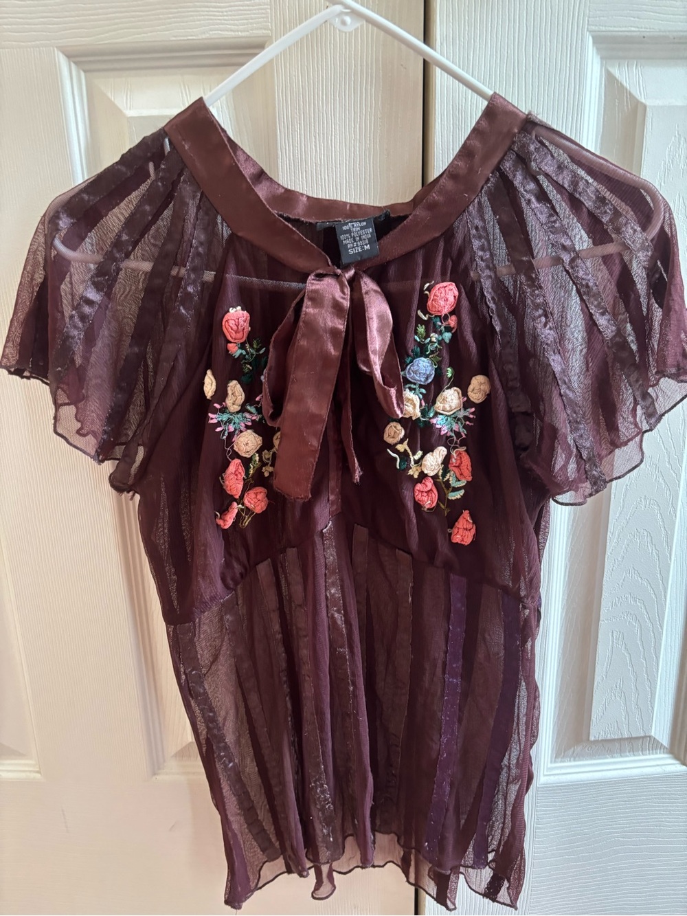 Persaman New York Plum Sheer Embroidered Tie-Neck Blouse